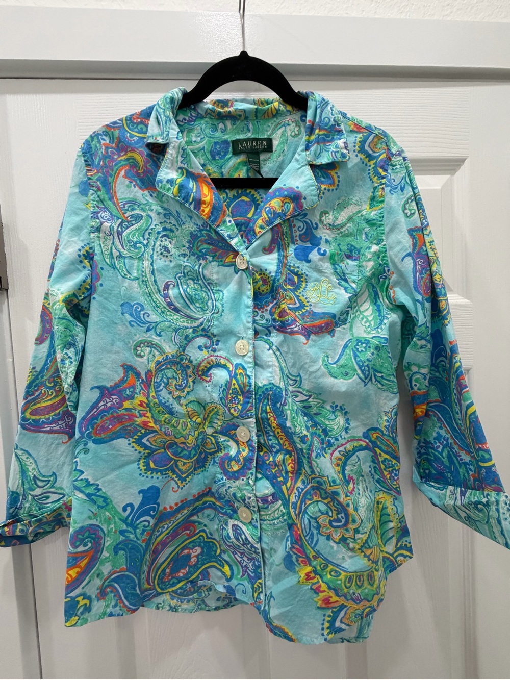 Lauren Ralph Lauren Light Turquoise Paisley Button-Front Blouse